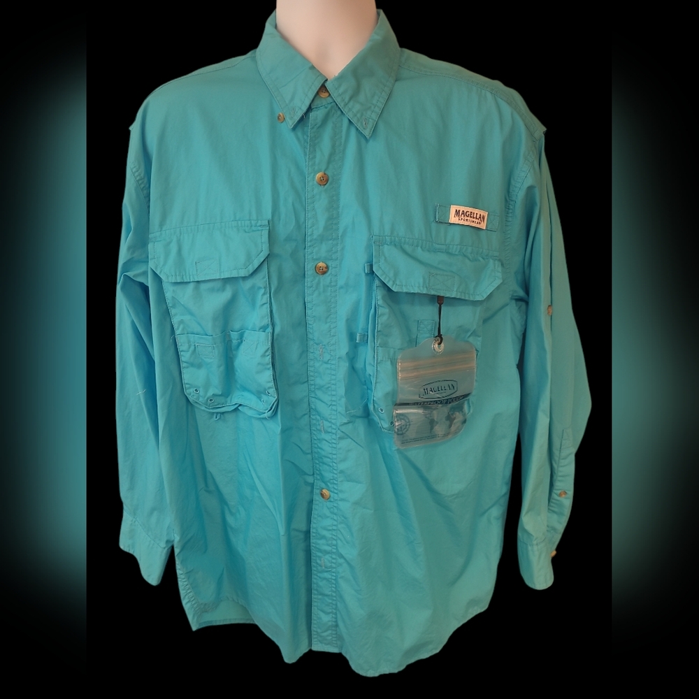 Magellan Outdoors Men's Aqua Long Sleeve Button Down Shirt Size L